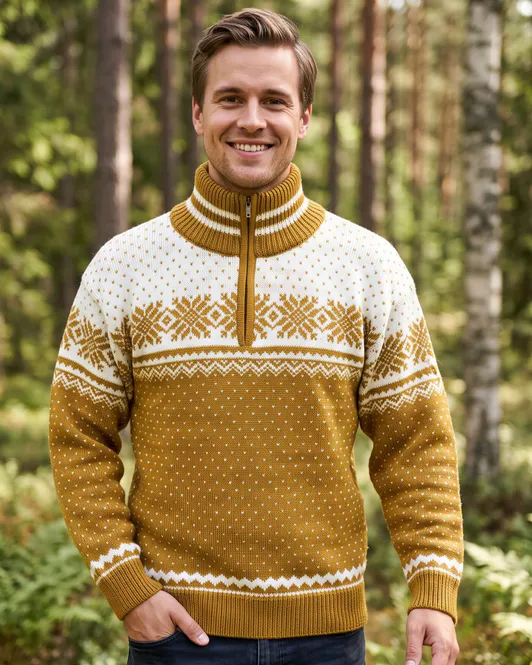 Hovedbilde Bretind Tradisjon ullgenser med zip i kamgarn - unisex - okergul/natur